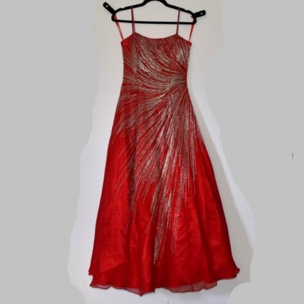 Alyce Designs Red Silk Beaded Formal Gown Corset Back Prom Dress Size 12